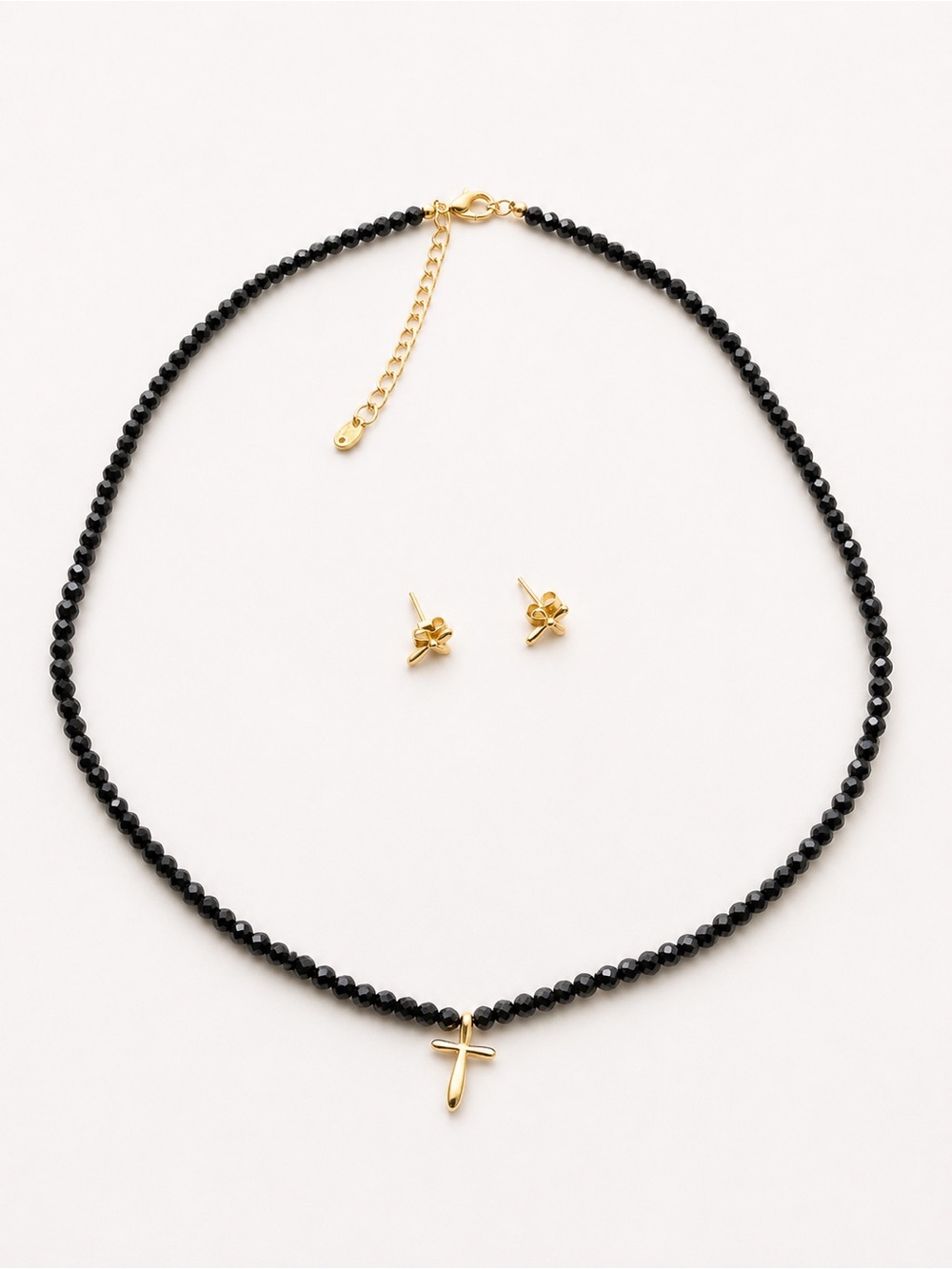 Black Beaded Necklace with Gold Cross Pendant - Earings Sets Women Jewelry